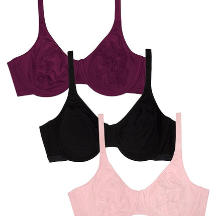 Fruit of The Loom Women's Unlined Underwire Bra - Cotton & Spandex Blend for Natural Shape and Flexibility, Purple Velvet/Blushing/Black, 42D