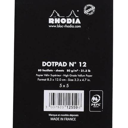 RHODIA 12559C - Stapled Notepad Dot pad N°12 Black - 8.5x12 cm - Dot Dotted - 80 Detachable Sheets - 80G White Clairefontaine Paper - Soft and Resistant Coated Card Cover - Basics