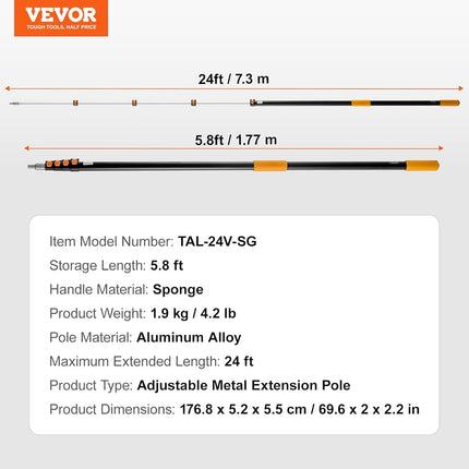 VEVOR Telescoping Extension Pole, 6-24 FT Multi-Purpose Extension Pole, Sturdy Aluminum Alloy Paint Extendable Pole with Flip-Lock Design, Telescopic Pole for Painting, Dusting and Cleaning
