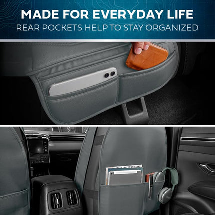 MotorBox Car Seat Covers – DiamondLux Edition Premium Faux Leather Charcoal Gray Seat Protectors – Double Cross Stitched Cushioned Automotive Accessories for Trucks, SUVs, Cars – Front Seat Set