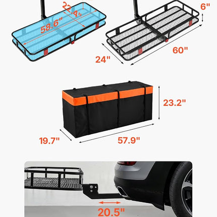 VEVOR 60x24x6 Folding Hitch Carrier - 500lb Capacity Cargo Basket & Waterproof Bag, Fits 2" Hitch Receiver for SUV, Truck, Pickup