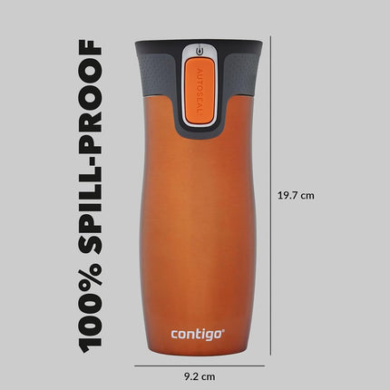 Contigo West Loop Autoseal Travel Mug, Stainless Steel Thermal Mug, Vacuum Flask, Leakproof Tumbler, Coffee Mug with BPA Free Easy-Clean Lid, 470 ml, Tangerine