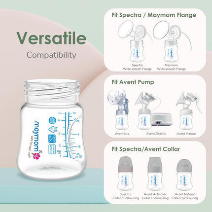 Maymom Wide-Mouth Milk Storage Collection Bottle with SureSeal Sealing Disk; Compatible with Spectra S1 S2 Bottles, 6 pc (4.7Oz/140mL, 6pc)