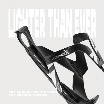 Elite Custom Race X Bottle Cage Black Skin Black Graphic – Ultra Lightweight Side-Entry Bike Bottle Holder 28.5g – Self-Adjusting Fibre-Reinforced – For Road Bike, MTB & Gravel Cycling