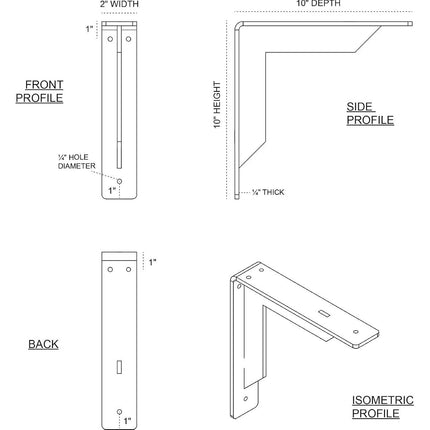 Ekena Millwork BKTM02X10X10STHWH Steel Bracket Stockport, 2"W x 10"D x 10"H, Hammered White