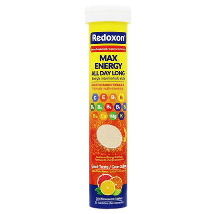 Redoxon Max Energy, aide à soutenir le système immunitaire, saveur agrumes, 20 comprimés effervescents, 80 g, boîte