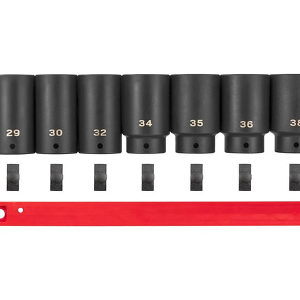 TEKTON 1/2 Inch Drive Deep 6-Point Axle Nut Impact Socket Set with Rail, 7-Piece (29-38 mm) | SID92101