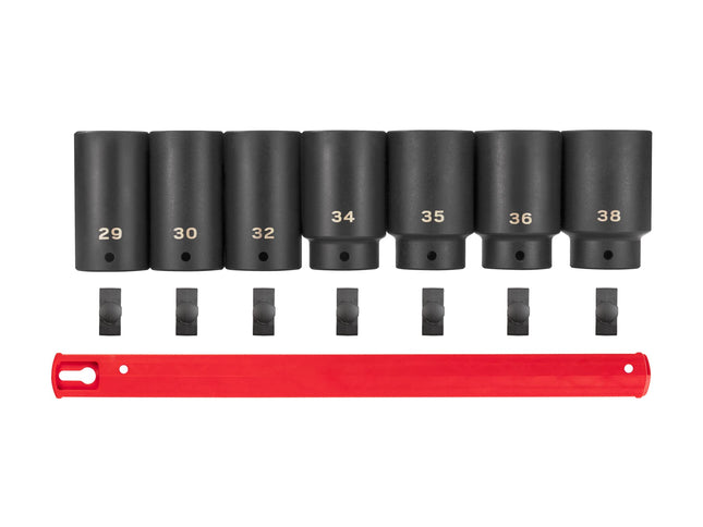 TEKTON 1/2 Inch Drive Deep 6-Point Axle Nut Impact Socket Set with Rail, 7-Piece (29-38 mm) | SID92101