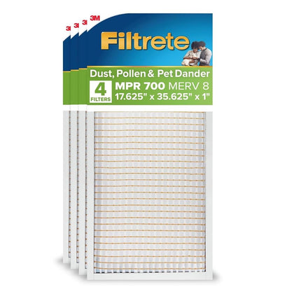 Filtro de aire electrostático Filtrete, 17 5/8x 35 5/8x1, MPR 700, MERV 8, Reducción de polvo, polen y caspa de mascotas para un ambiente limpio, Filtros de aire plisados para horno, HVAC y aire acondicionado, 4 filtros
