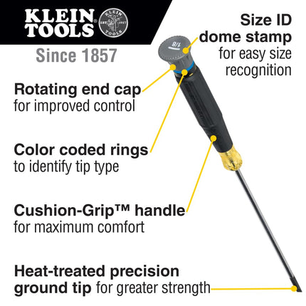 Klein Tools 6233 Mini Precision Screwdriver, 0 Phillips, Features Cushion-Grip Handle, Rotating Cap and Color Coded Ring, 3-Inch Shank
