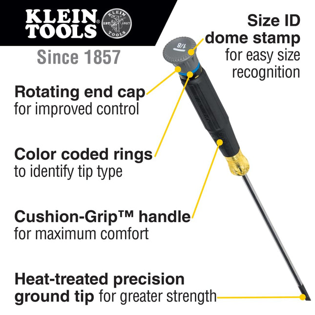 Klein Tools 6254 Mini Precision Screwdriver, 1/8-Inch Slotted, Features Cushion-Grip Handle, Rotating Cap, Color Coded Ring, 4-Inch Shank