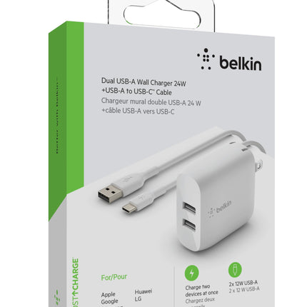 Belkin 24W Dual Port USB Wall Charger - USB C Cable Included - iPhone Charger Fast Charging - USB Charger Block for Power Bank, iPad & iPad Pro, Samsung Galaxy S20, Samsung Note, Google Pixel & more