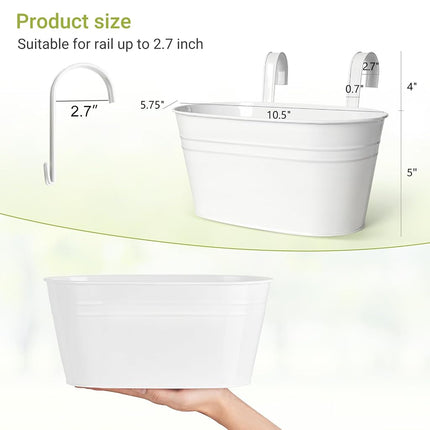 Dahey Pots de fleurs suspendus en fer de 10,5 pouces pour clôture de balustrade, pots suspendus de style campagnard avec crochets détachables, support de plantes pour fenêtre, décoration d'intérieur, blanc, 5 pièces