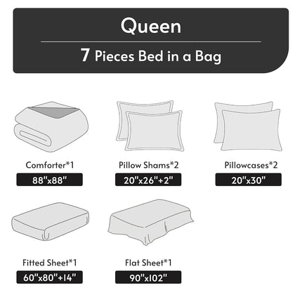 MUXHOMO 7 Pieces Queen Comforter Set, Reversible Bed in a Bag Queen Size, All Season Bedding Set with Comforter, Flat Sheet, Fitted Sheet, Pillowcases & Shams, Navy & Light Grey