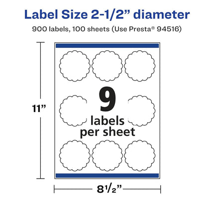 Avery Matte White Removable Round Scalloped Labels with Sure Feed Technology, Print-to-The-Edge, 2.5" Diameter, 900 Removable Labels, Laser/Inkjet Printable Labels