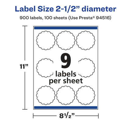 Avery Matte White Round Scalloped Labels with Sure Feed, 2.5" Diameter, 900 Matte White Printable Labels