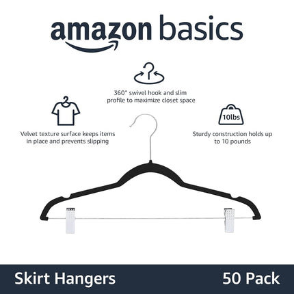 Amazon Basics Velvet Skirt Hangers with Clips, 50-Pack, Black