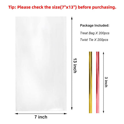Cello Cellophane Treat Bags,200 PCS 7x13 Inches Clear Pastic Gift Bags with Twist Ties,Party Favor Bags