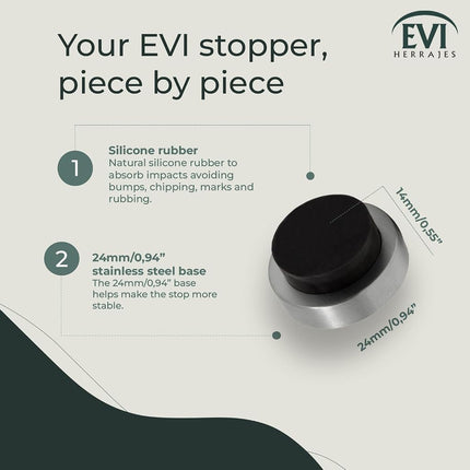 EVI Herrajes | Door Stop | 0.94" x 0.55" | Adhesive or Screw Installation | Matte Finish (Stainless Steel) | Black Natural Silicone Rubber | Mod. I-205/24