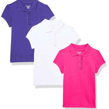 The Children's Place Girls Short Sleeve Ruffle Pique Polo, 3 Pack, Aurora Pink/Regal Violet/White, Small