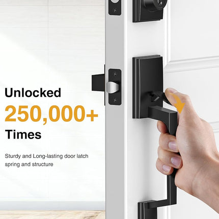 Brightify Black Front Door Handle with Door Lever, Matte Black, Modern Exterior Door Adjustable Deadbolt Lock Set with Single Cylinder, Reversible for Right&Left Handed