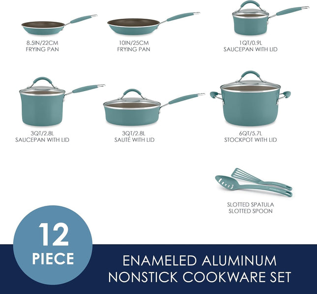 Juego de ollas y sartenes antiadherentes Rachael Ray Cucina, 12 piezas, azul agave