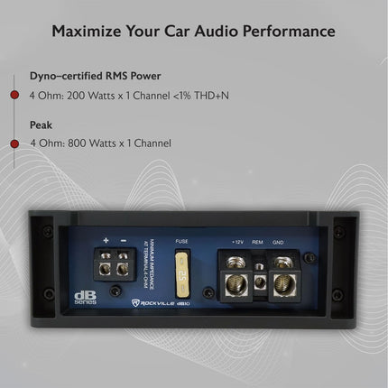 Rockville dB10 800W Mono 4-Ohm Car Amplifier, High-Speed MOSFET, Adjustable 12dB Crossover, LED, Remote Sub Control, Perfect for Car Audio and Subs