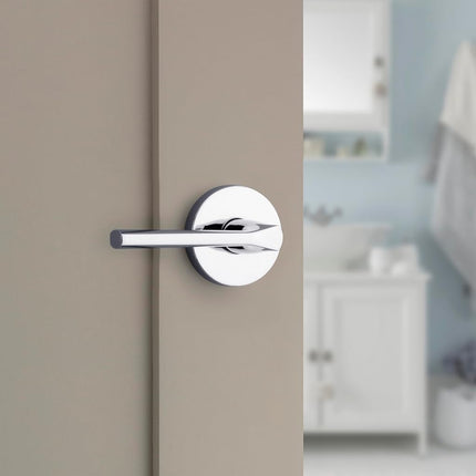 Kwikset Lisbon Interior Privacy Door Handle with Lock, Round Lever for Bathroom and Bedroom, Polished Chrome Reversible Keyless Push Button Lock Door Lever