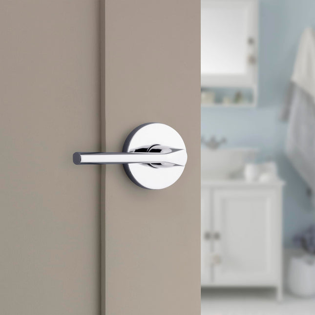 Kwikset Lisbon Interior Privacy Door Handle with Lock, Round Lever for Bathroom and Bedroom, Polished Chrome Reversible Keyless Push Button Lock Door Lever