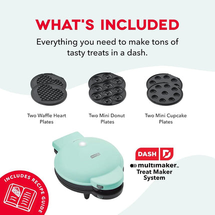 DASH MultiMaker Treat Maker System, Mini Donuts, Heart Shaped Waffle, Mini Cupcakes - Aqua