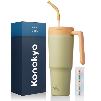 Konokyo Insulated Tumbler with Handle and Straw,40 OZ Vacuum Stainless Steel Water Bottle Travel Mug Metal Cup with Fruit Diffuser,Lemon