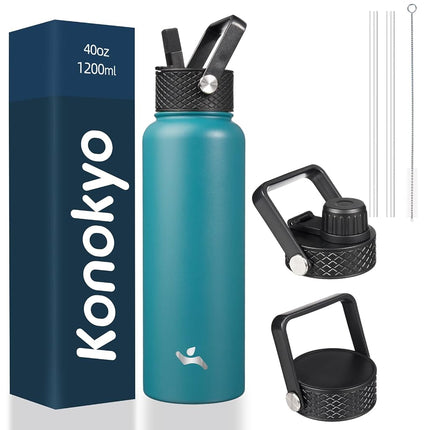 Konokyo Insulated Water Bottle with Straw,40oz 3 Lids Metal Bottles Stainless Steel Water Flask,Light Blue