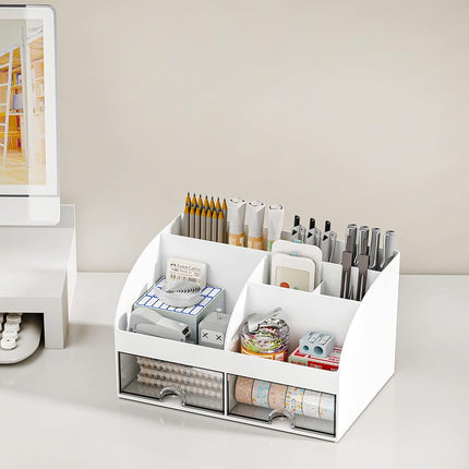 COMFYROOM Organizador de escritorio con 6 compartimentos y 2 cajones, organizador de maquillaje de plástico, portalápices para almacenamiento de escritorio, organizador de escritorio para útiles escolares, hogar, oficina (blanco-2 unidades)