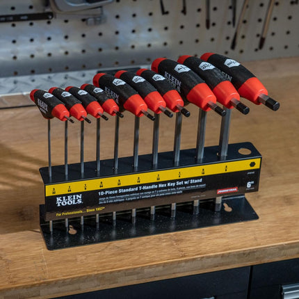 KLEIN TOOLS JTH610E Hex Key Set, SAE T-Handle Hex Key Allen Wrench Set with 6-Inch Blades, Stand Included, 10-Piece
