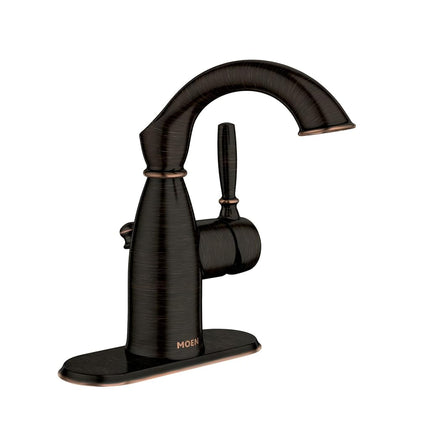 Robinet de salle de bain rustique Moen Sarona en bronze méditerranéen à poignée unique, à trou unique, avec plaque de pont en option, robinet d'évier de salle de bain traditionnel et ensemble de bonde, 84144BRB