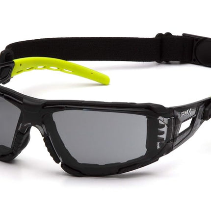 Gafas de seguridad Pyramex Fyxate, lentes grises H2MAX AF con acolchado de espuma y patillas lima