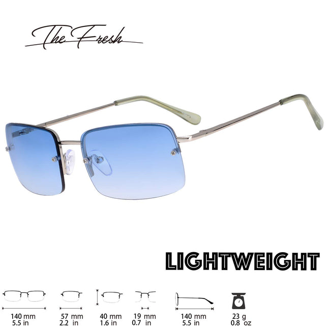 Les Lunettes de Soleil Rectangulaires Minimalistes Fraîches Charnière à Ressort, Transparente - Boîte Cadeau, 304-argent, Bleu Dégradé, M