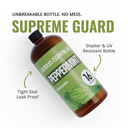 16oz Bulk Peppermint Essential Oil (GIANT 16 OUNCE BOTTLE - THERAPEUTIC GRADE PEPPERMINT OIL) Perfect For Aromatherapy Diffusers, Help Repel Mice & Rats, Candle Making, Soap Making, Lotions, Body Wash