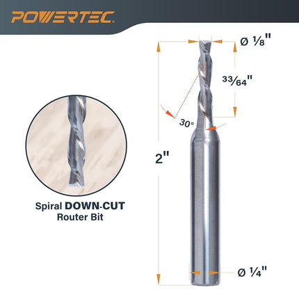 POWERTEC Down Cut 1/8" Spiral Router Bit w/ 5/32" Shank Carbide Router Bit, 1/2" Cutting Length & 2" Long. Fits CNC Router, Handheld Router, Router Table & Plunge Router for Router Bushing. 1PK(73040)