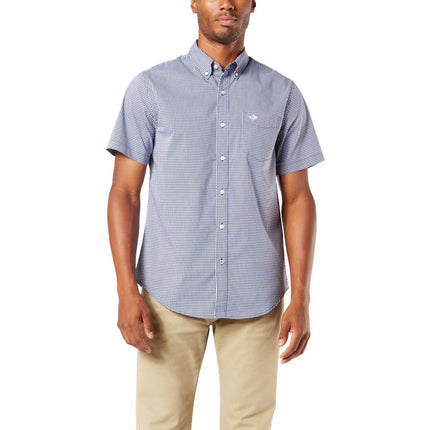 DOCKERS Men's Classic Fit Short Sleeve Signature Comfort Flex Shirt (Standard and Big & Tall) Button, Medieval Blue-Gingham Plaid, Medium