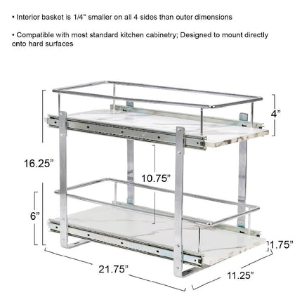 Household Essentials Glidez, organiseur de rangement coulissant à 2 niveaux en acier chromé et faux marbre, 28,5 cm de large, blanc et chrome
