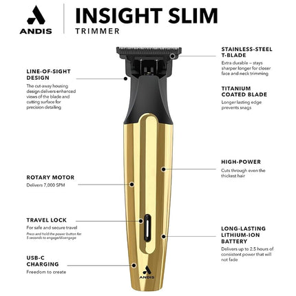 Andis 562442 Insight Slim Cordless High Powered Rotary Motor Hair Trimmer, 9-Piece Kit, Stainless-Steel T-Blade, Lithium-Ion Battery, Travel Lock, Gold