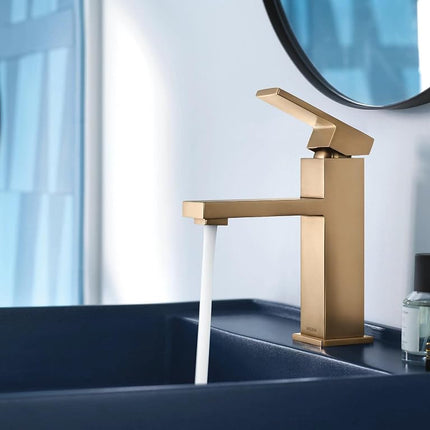 Moen Revyl Bronzed Gold One-Handle Single Hole Modern Bathroom Sink Faucet with Optional Deckplate and Spring Loaded Drain Assembly, 84771BZG