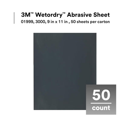3M Wetordry Abrasive Sheet, 01999, 3000, 9 in x 11 in, 50 Sheets per Carton