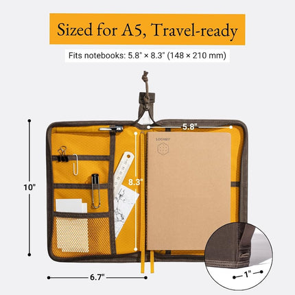 LOCHBY Field Folio A5 | Zipper Journal Notebook Cover | Water Resistant Waxed Canvas | Included Tomoe River Notebook | Perfect for Travel, Art, Bullet Journal | brown