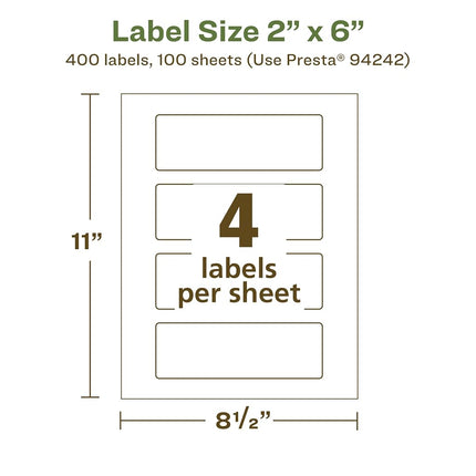 Etiquetas Avery ecológicas de material reciclado, color blanco mate, rectangulares, 50,8 x 152,4 mm, impresión hasta el borde, etiquetas blancas mate, adhesivo permanente, imprimibles con láser/inyección de tinta, 400 en total