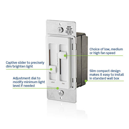 Leviton 66DF-10I SureSlide Dual Quiet Light Control for 150W LED, 300W Incandescent/Halogen, 1.5 Amp Fan, 120V, Ivory