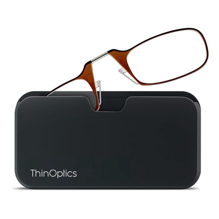 ThinOptics Universal Pod Case + Rectangular Reading Glasses, Black Case/Brown Frames, 44 mm