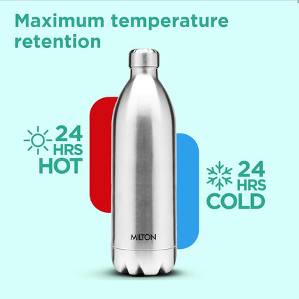 MILTON Duo DLX 1500 Thermosteel 24 Hours Hot and Cold Water Bottle with Bag, 1 Piece, 1.5 Litre, Silver, Leak Proof, Office Bottle, Gym, Home, Kitchen, Hiking, Trekking, Travel Bottle
