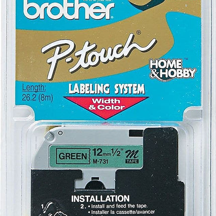 Cartouche de ruban Brother 12 mm de large, noir sur vert non laminé (M731) - Emballage de détail